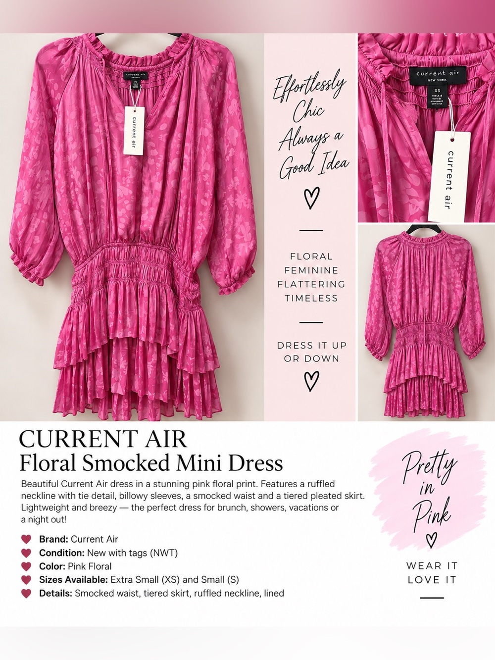 Current Air Hot Pink Floral Smocked Tiered Mini Dress